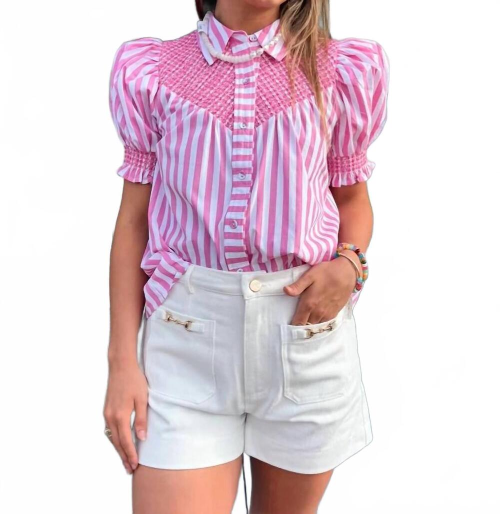 NEW ENTRO classic button-down stripe top in pink/white